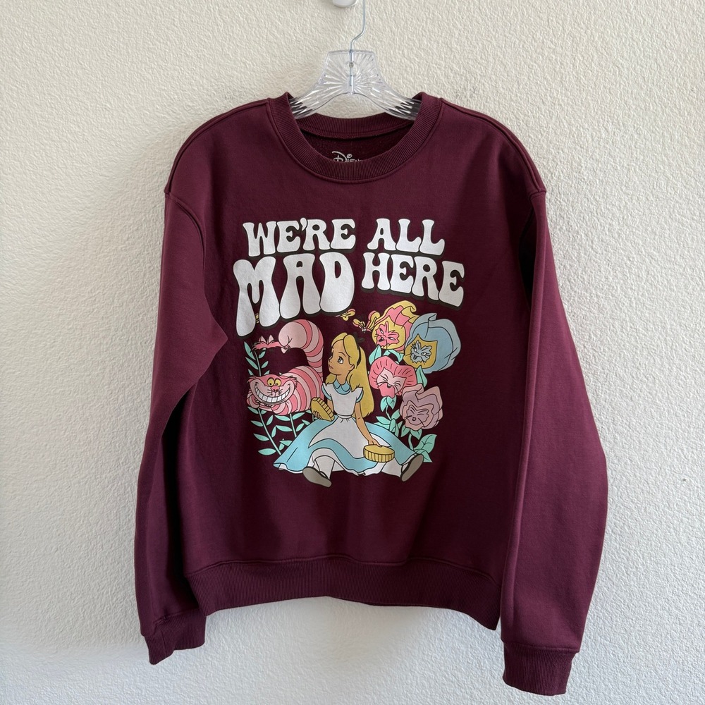 Disney Alice in Wonderland Sweatshirt Burgundy We're All Mad Here Graphic Medium